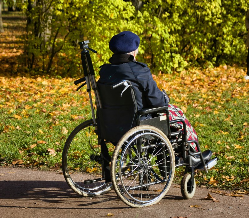 Aged woman with a spinal cord injury sitting in a wheelchair in a garden 