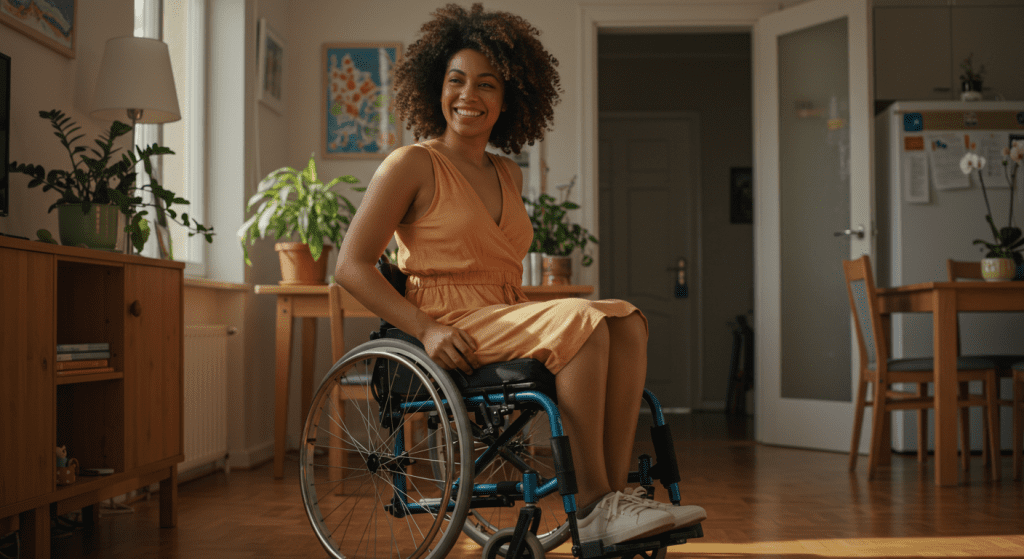 Woman thriving after spinal cord injury, redefining independence smiling through it all