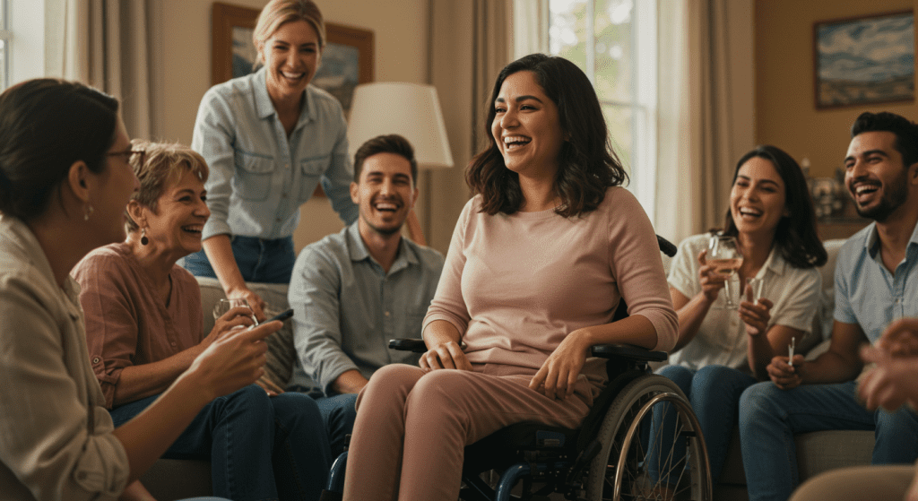 Woman thriving after spinal cord injury, redefining independence, and having fun with her family members 