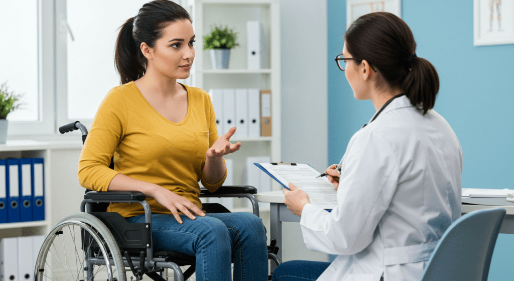 Woman with spinal cord injury speaking with a physiotherapist during a clinic appointment
