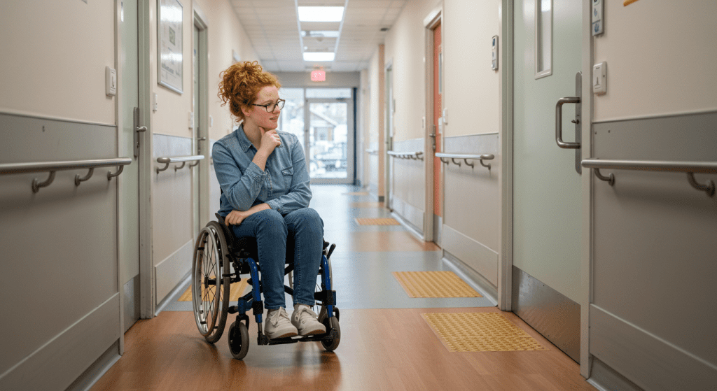 a woman living with sci checking out the accessiblity of the hospital