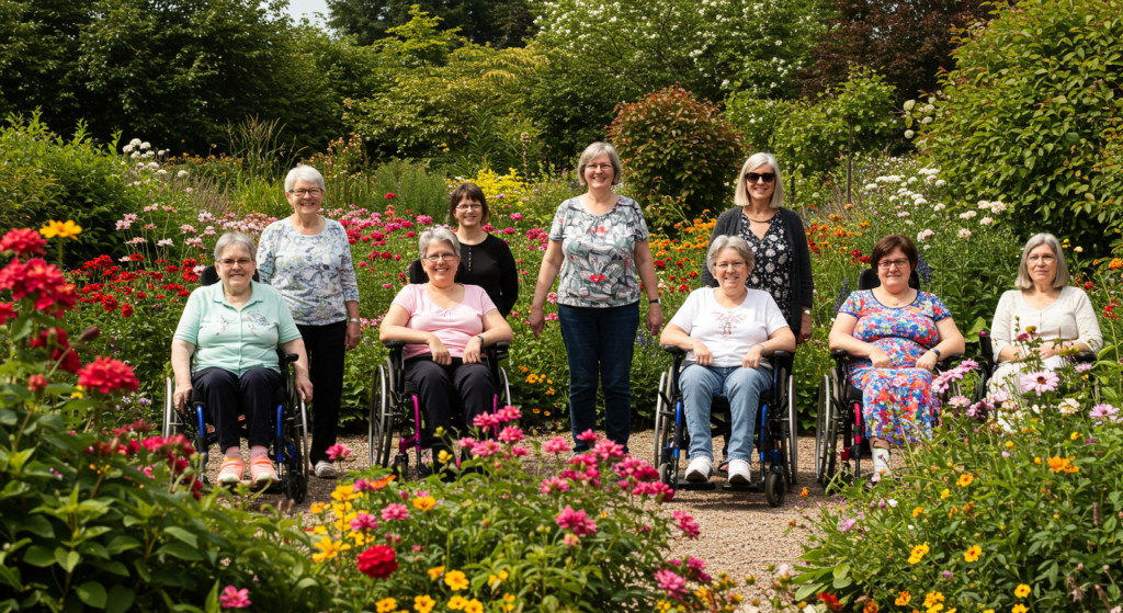 a group of happy woman on wheelchair in the garden