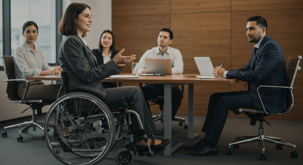 Woman with spinal cord injury speaking to colleagues