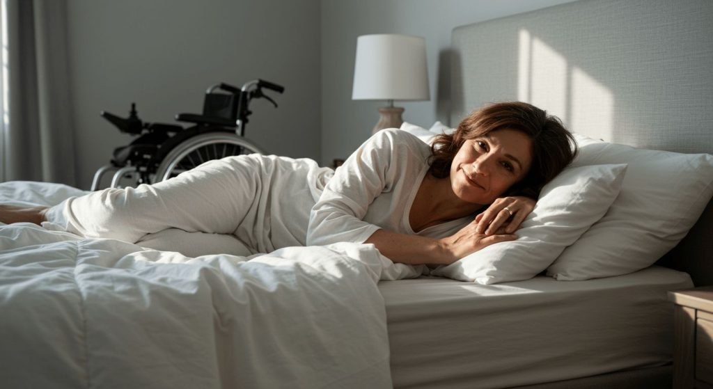 A woman with SCI lying on a bed