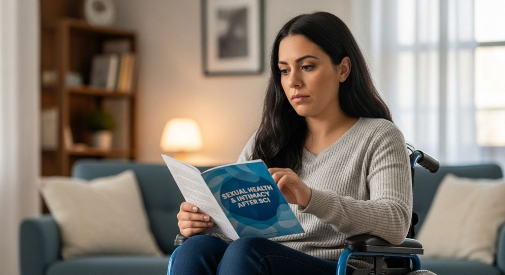woman with SCI reading tips on how to be better 
